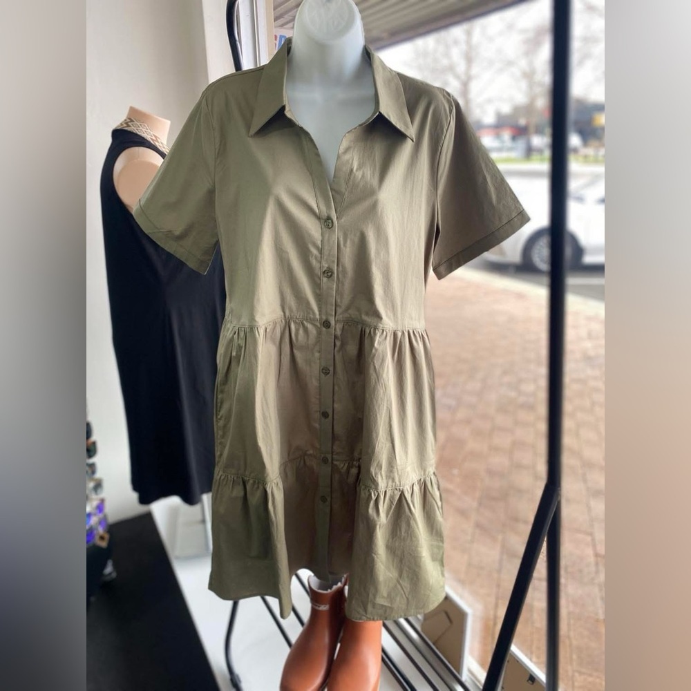 Olive Button-Up Tiered Dress